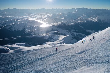 Naklejka premium Ai generated images of people skiing. Ski in winter season, mountains, squipments. Extreme winter sports, snowy mountain. Sun reflection