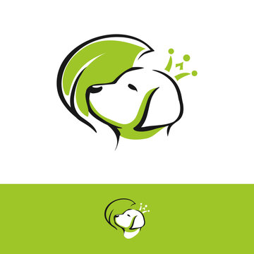 dog head and green leaf logo made of lines. vector illustration