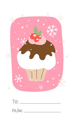 New Year's card tag for congratulations add to the package with a signature from the donor with a cupcake