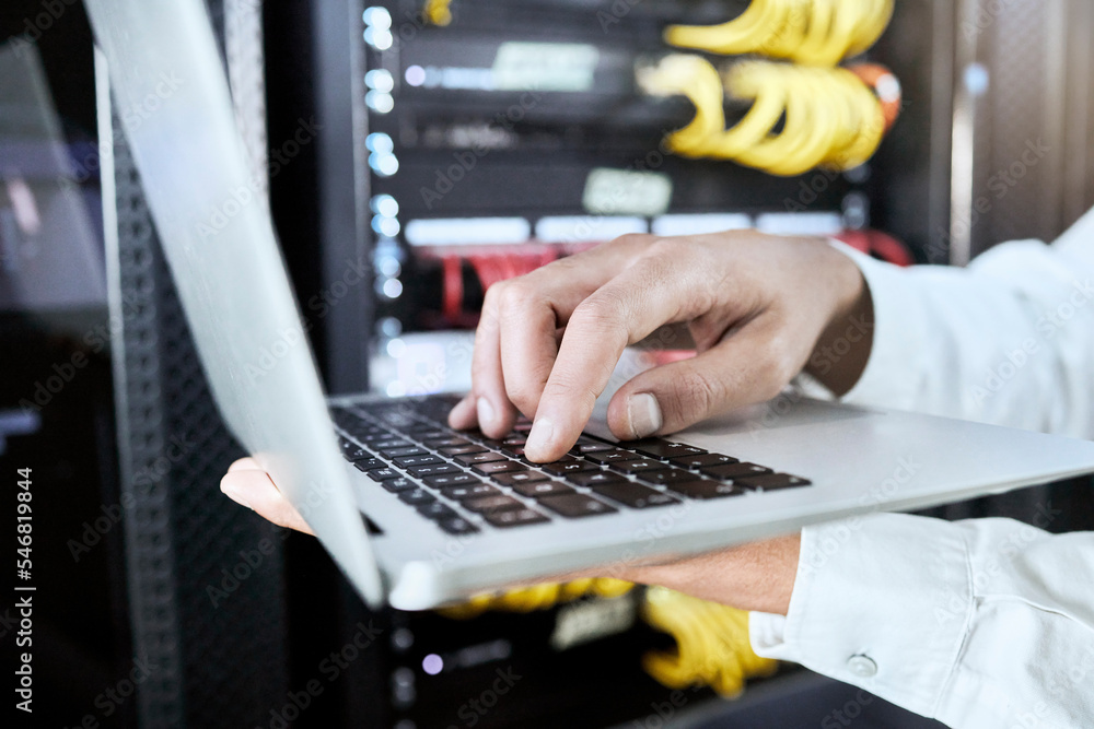 Aufkleber Hand, laptop or programmer working on software coding, programming or 404 error glitch for cybersecurity. Computer, internet or zoom of IT hand for research, hacking or website information technology
