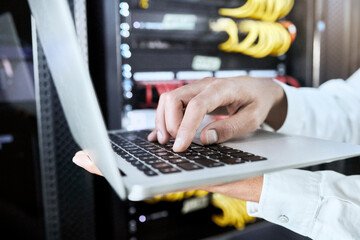 Hand, laptop or programmer working on software coding, programming or 404 error glitch for...