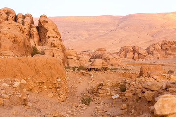 Fototapeta na wymiar Al Beidha ruins of a prehistoric settlement in Middle East, located near Little Petra Siq al-Barid, Jordan