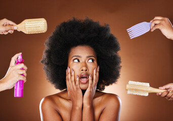 Black woman thinking of hair care, tools for natural afro and decision making of beauty products....