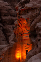 Little Petra, Jordan, Nabataean temple at the entrance to the canyon, illuminated at night time
