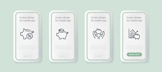 Naklejka na ściany i meble Piggy bank set icon. Protection, security, discount, sale, percentage, coupon, calculator, setting, patch, time, deposit, education, analytics, statistics. Ui phone up screen. Neomorphism style