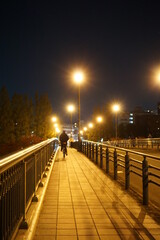 大川に架かる鉄橋の上を走る自転車をライトが照らす夜景