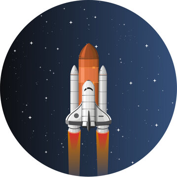 Spaceship Rocket Shuttle fly beyond the Sky in Outer Space for Travel Exploration Mission on Round Background Isolated Vector Illustration, Good for children Science Astronomy Content 