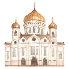 Cathedral of Christ the Savior in Moscow in watercolor on a white background, landmarks Ross