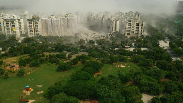 Aerial view of the Noida twin tower during demolition, Noida, India.