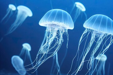 Obraz premium Ai generated image of jellyfish. Jellyfish swims in deep blue ocean sea. Medusa neon jellyfish