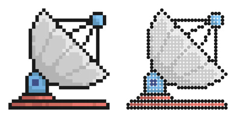 Pixel icon. Radio telescope for exploring universe and space. Ostronomical observations of stars. Simple retro game vector isolated on white background