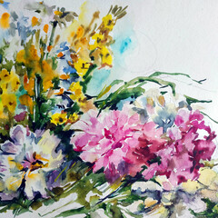 Abstract bright colored decorative background . Floral pattern handmade . Beautiful tender romantic bouquet of summer wild flowers , made in the technique of watercolors from nature.