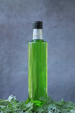 bottle of green absinthe drink on the black background with herbs