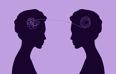 Abstract concept tangled brain, therapist, patient. Two humans head silhouette psycho therapy concept. Therapist and patient. Vector illustration