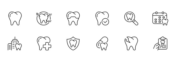 Dentistry set icon. teeth, tooth enamel, white smile, tooth structure, root, tick, magnifying glass, scheduled examination, clinic, cross, pill, crack, caries, whitening. Stomatology concept