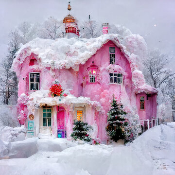 Pink house with trees and snow