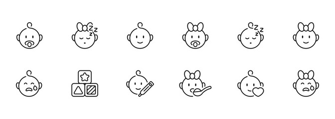 Babies set icon. Children, kids, toddler, newborn, baby, boy, girl, toys, educate, give love, raise, feed, heal, spoon, heart, thermometer. Childhood concept. Vector line icon for business