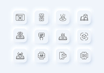 Virtual reality set icon. VR glasses, 360 degrees, viewing angle, view, arrows, zoom in and out, 3d helmet. Metaverse concept. Neomorphism style. Vector line icon