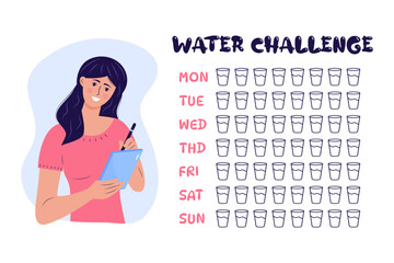 Woman writing in a notebook and daily water tracker, days of week and checklist glasses of water. Water balance tracker with 8 glasses per day rule. Healthy lifestyle, diet, health care
