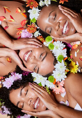 Black woman, flowers and face skincare beauty for cosmetics makeup or natural skin wellness....