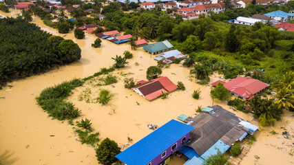Aerial view of Dengkil district from flooding that causes damage of the infrastructure and housing...
