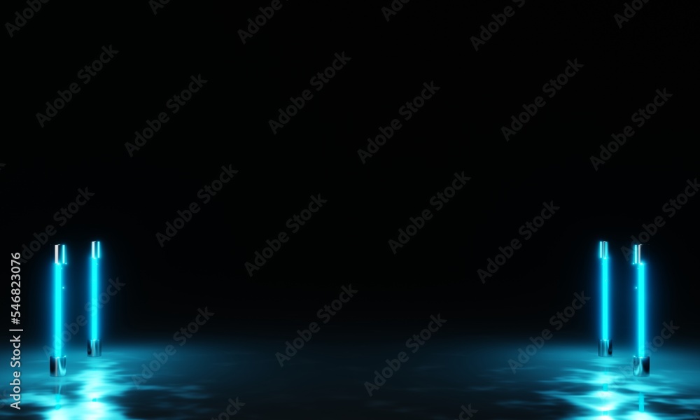 Poster modern abstract background with blue neon light. dark scene background with neon light on 3d renderi
