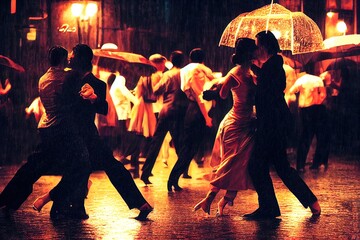 Ai generated image of people dancing under the rain. Tango dancers, umbrellas, love