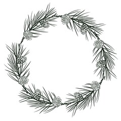 Christmas Floral wreath of green branches. Hand drawn illustration for invitations and greeting cards