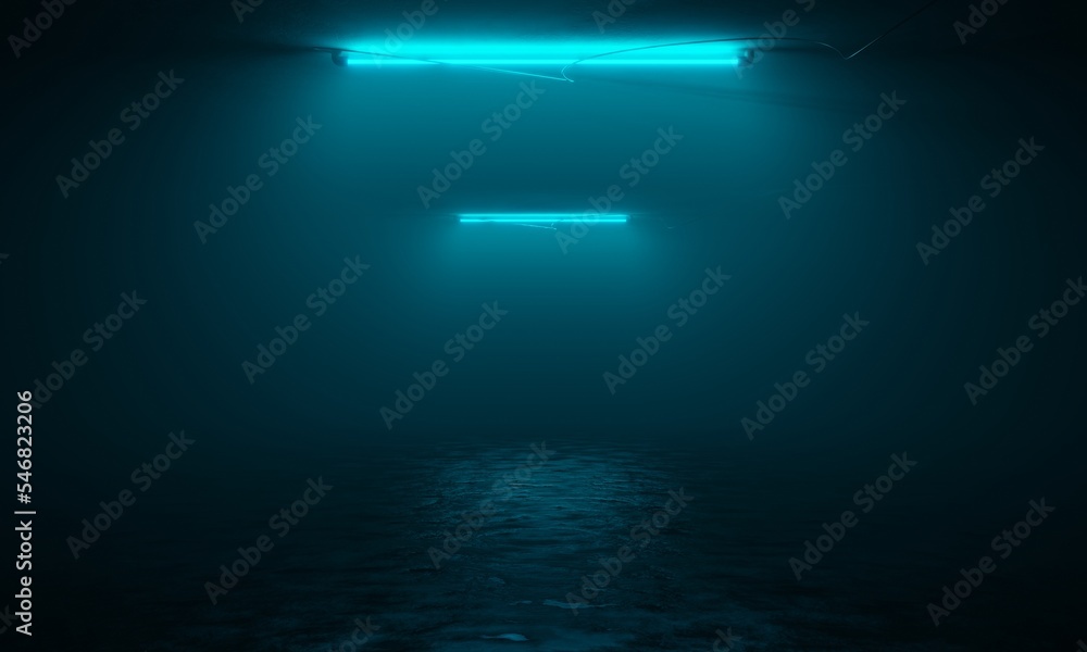 Poster empty empty background with reflection of blue neon light on the floor. 3d rendering futuristic conc
