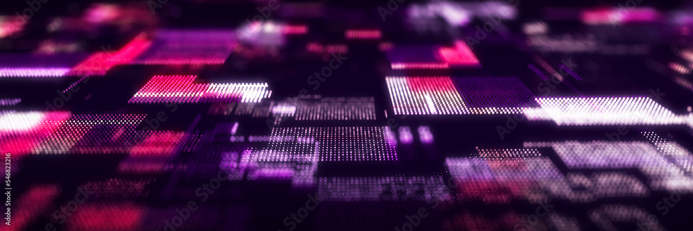 Poster Futuristic circuit board concept. Progressive IT technologies. Digital data flow concept. Big data visualization. 3d rendering.
