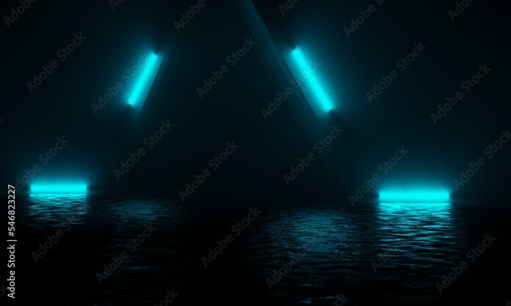 Poster abstract futuristic sci fi with blue neon light glowing on hard surface. 3d rendering abstract sci f