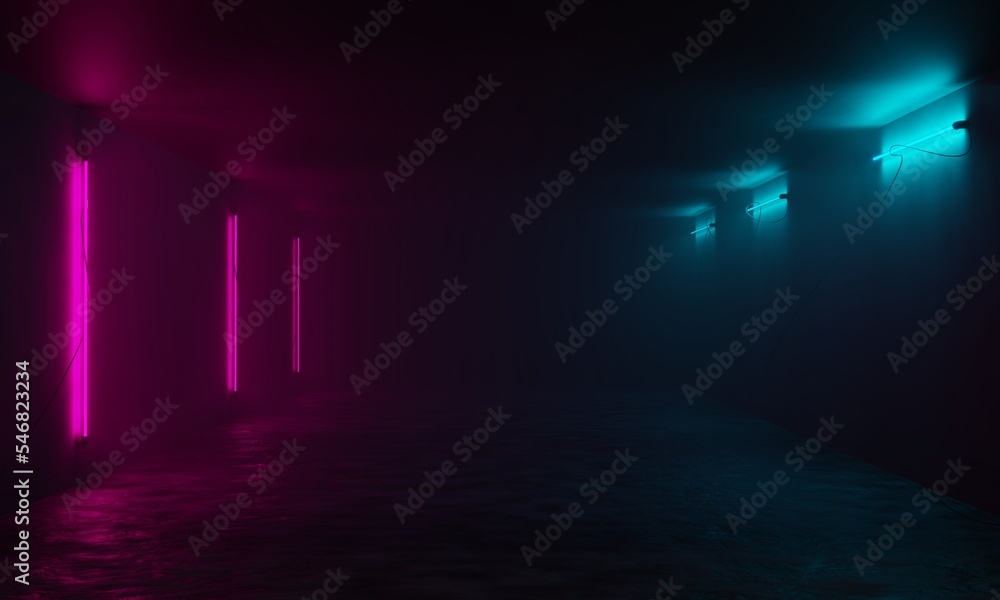 Canvas Prints empty dark room with glowing neon light on textured wall. 3d futuristic empty dark room concept. 3d rendering illustration