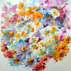 Abstract bright colored decorative background . Floral pattern handmade . Beautiful tender romantic bouquet of summer wild flowers , made in the technique of watercolors from nature.