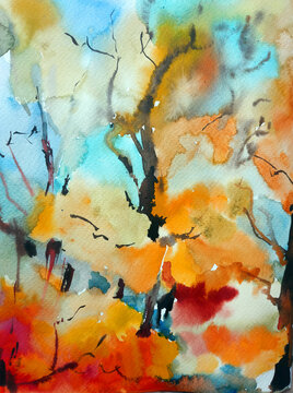 Watercolor colorful bright textured abstract background handmade . Mediterranean landscape . Painting of the park in autumn , made in the technique of watercolors from nature