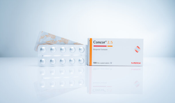 CHONBURI, THAILAND-AUGUST 21, 2022 : Concor 2.5 product of Merck in paper box packaging on white background. Bisoprolol film-coated tablets. Medicine for treatment stable chronic heart failure.