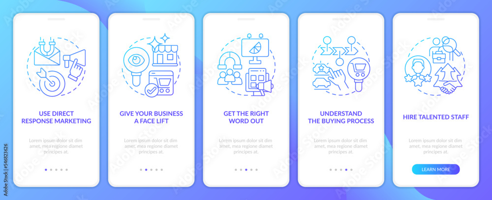 Poster ways to reach clients strategies blue gradient onboarding mobile app screen. walkthrough 5 steps gra