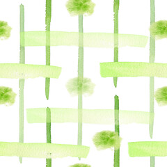 Seamless watercolor pattern. Hand-drawn vertical and horizontal lines, spots of green. Cell, crossing, ornament