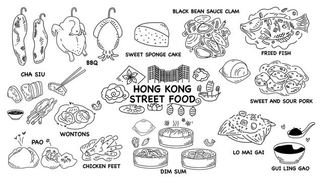 Hand-drawn doodle line art of Hong Kong Traditional Street food icon set. cute black and white isolated on white background minimal style.