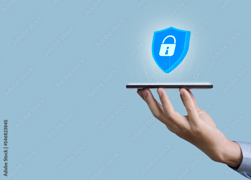 Poster hand holding a smartphone showing a shield icon with a lock sign computer password protection