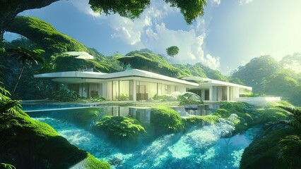 Fototapeta premium Forest landscape and white modern house. A modern white house with a swimming pool in a tropical forest in the mountains. Fantasy landscape, forest, sunlight, recreation area.