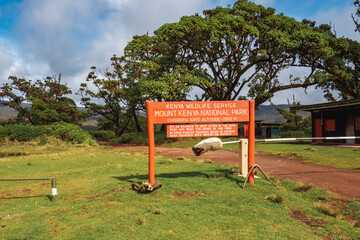 Sign board at the entrance of Mount Kenya National Park, Kenya