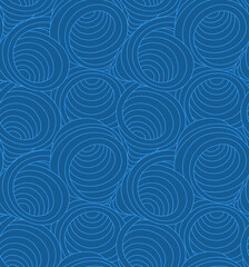Seamless blue vector pattern of swirls and abstract shapes drawn with thin lines. Vector seamless texture in blue color waves or flow.
