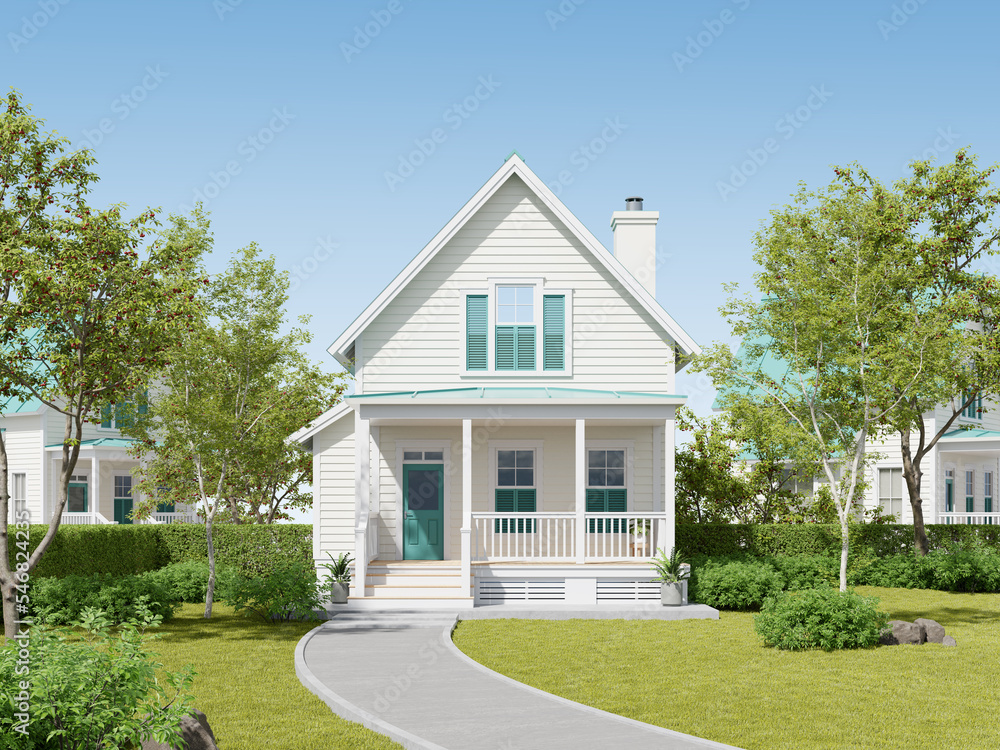 Poster 3d rendering of modern suburban house in the garden.