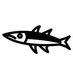 Barracuda fish, fish icon glyph style. Black colour Isolate on transparency background