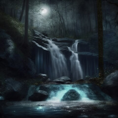 Moonlit waterfall in the forest