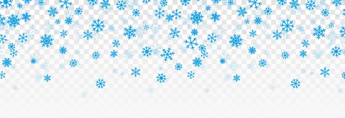 Fotobehang Vector blue snowflakes are falling from the sky. Snowflakes png, winter, snow flakes png. Snowfall, blizzard. Christmas background. © Vitaliy