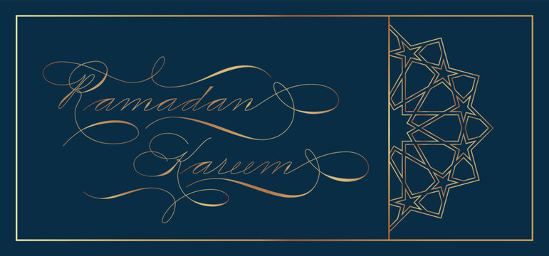 Ramadan Greetings card with gold modern Spencerian calligraphy on blue background and mosaic. Ramadan Kareem means Blessed Ramadan. Vector illustration.