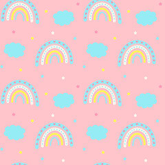 Seamless pattern with cute magic rainbow, clouds and stars on pink background. Design for textiles, texture, fabrics, wallpaper, packaging, wrapping paper.