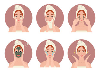 Women making skin care step-by-step. Lady takes care of her face using beauty products. Vector flat cartoon minimalistic illustration. 