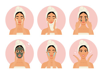Woman makes skin care procedures to cure her face problems. A collection of skincare steps. Vector flat cartoon illustration. Cute feminine style. 